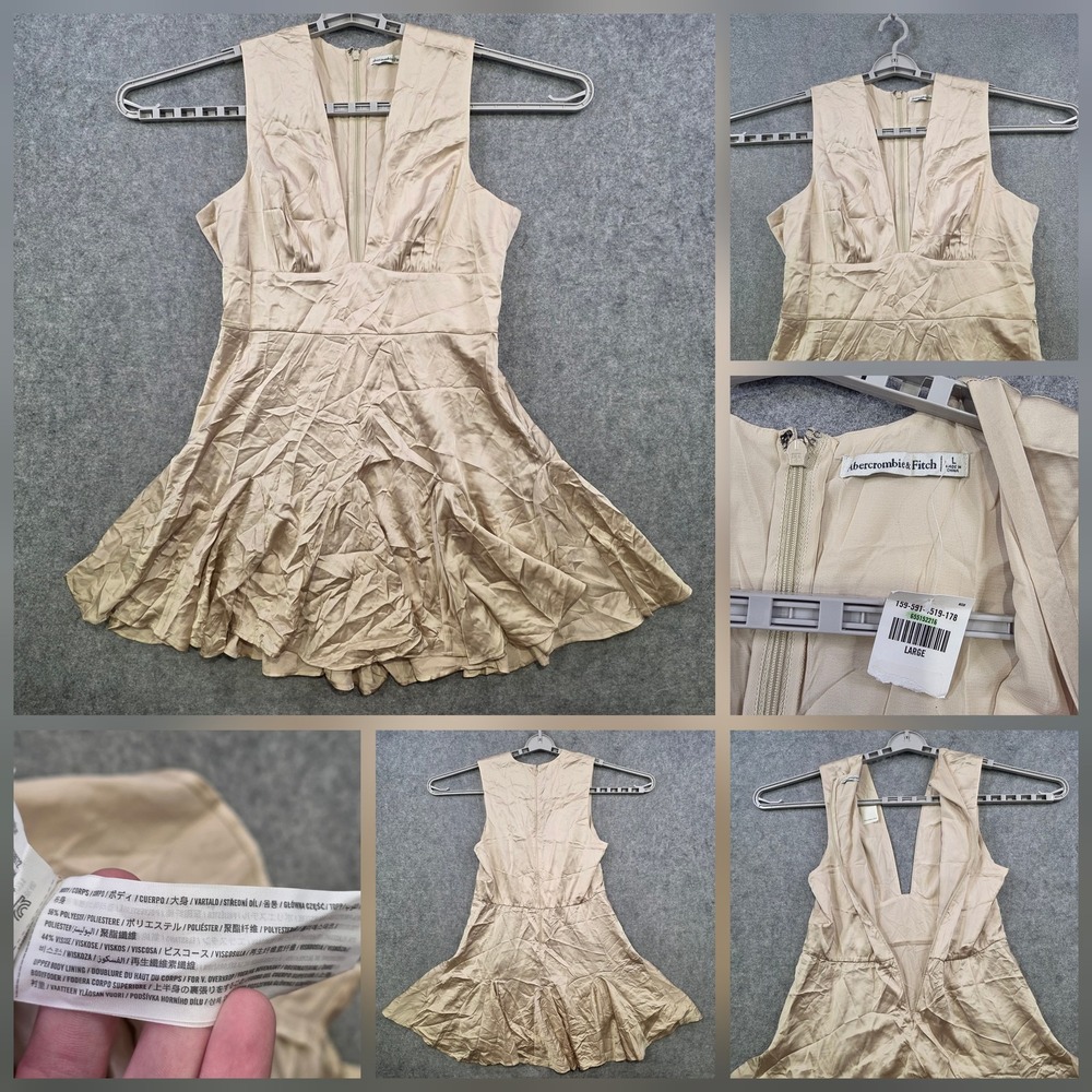 Abercrombie & Fitch Dress Womens Large Beige Fit Flare V Neck Ruffle Hem Mini